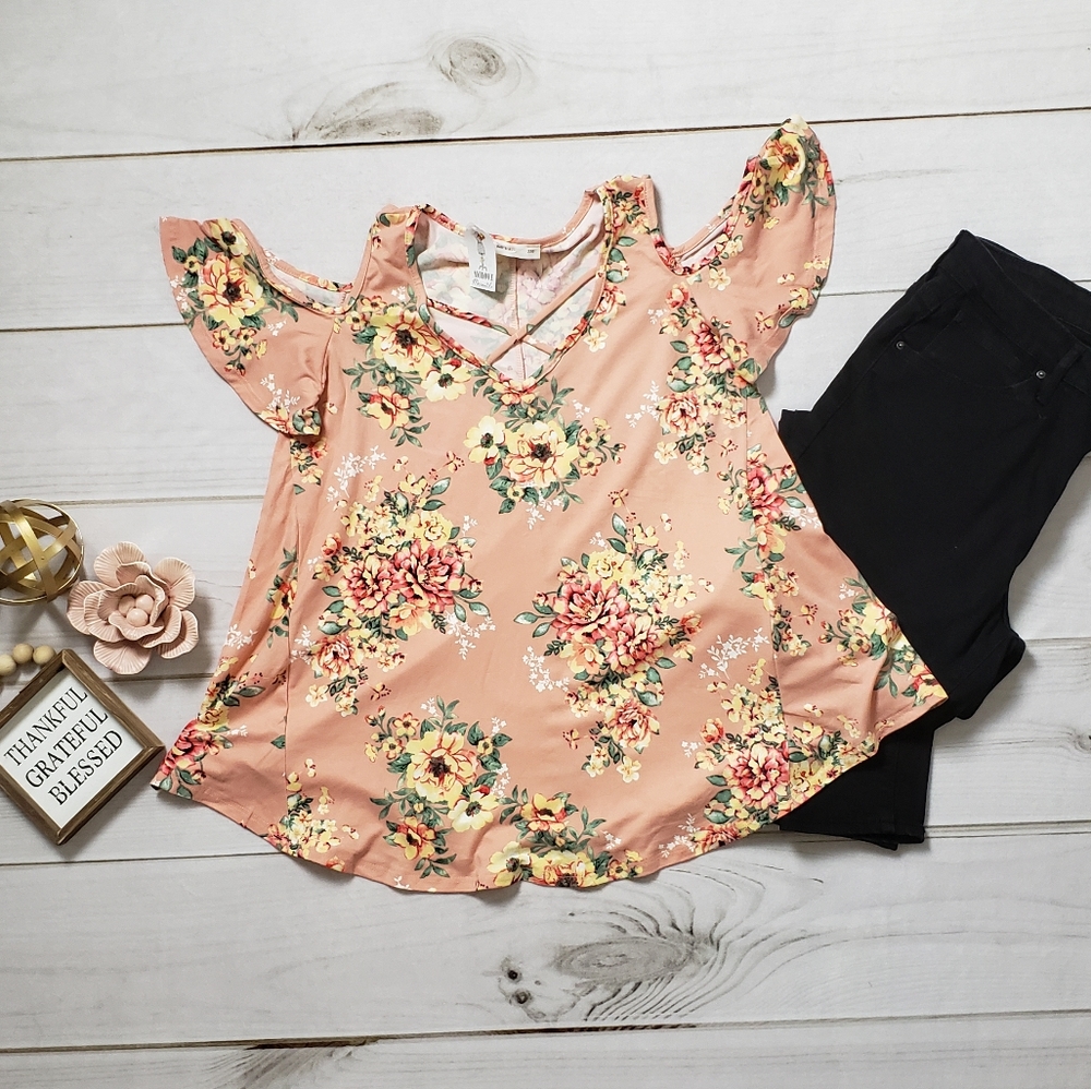 Light Coral Floral Cold Shoulder Top